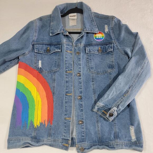 M&M Rainbow Vibes Denim Jean Jacket Large Pride Distressed - Picture 2 of 16